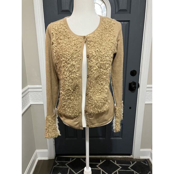 Leon Max Tan Merino Wool Blend Teddy Fleece Cardigan Sweater Jacket Size 8 - Picture 1 of 7